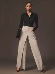 Hauture 商务办公室性感秋季黑色透明弹力领口 Polo 衫纽扣长袖紧身衣