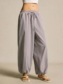SoleilVie Women's Grey Plaid Print Loose Bloomers,Autumn Boho Vacation Vintage Casual Streetwear Oversized Elastic Waistband Side Pockets Cuffed Pants,Fall - Coffee Brown - View 3