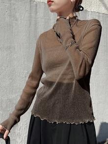 Women's Mesh Sheer High Neck See-Through Blouse, Summer Wear Long Sleeve Top - Brown - View 5