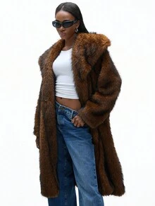 GENKIRA Luxury Oversized Lapel Brown Faux Fur Coat,Winter Elegant Evening Mid-Length Classy Style,Suitable For Commute,Party,Autumn/Winter High-End Outerwear - Multicolor - View 5