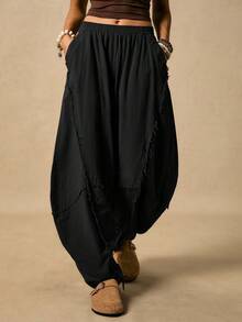 Easelle 女式休闲时尚街头时尚简约纯色松紧腰毛边香蕉裤 - 黑色 - 查看 9