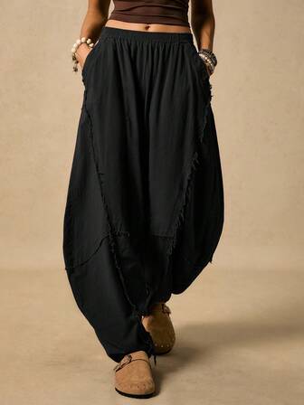 Easelle Women's Casual Fashion Street Chic Minimalist Solid Color Elastic Waist Raw Edge Banana Pants Fringe Pants Women Harem Pants Women Baggy Pants Women Boho Pants Slouchy Pants