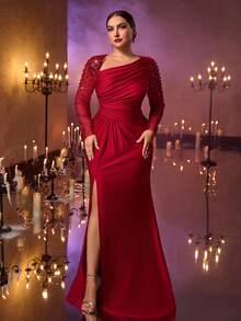 Glamrae Elegantes, romantisches Abendkleid in Große Größen mit asymmetrischem Ausschnitt, luxuriöser bestickter Applikation, langen transparenten Ärmeln, eingearbeiteten Pailletten, geraffter Taille, hohem Schlitz und verziertem Meerjungfrauensaum