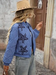 Brillora Abrigo casual acolchado para mujer con estampado de estrella de mar y diamante, cuello abierto, adecuado para salidas y vacaciones, otoño/invierno