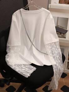 INAWLY Women's Solid Color Lace Patchwork Round Neck Side Split T-Shirt - White - View 2