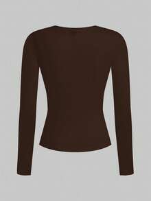 SHEIN EZwear 2pcs Women Crew Neck Casual Fitted Long Sleeve T-Shirt Set, Dark Brown & Light Beige, Suitable For Autumn/Winter - Multicolor - View 6