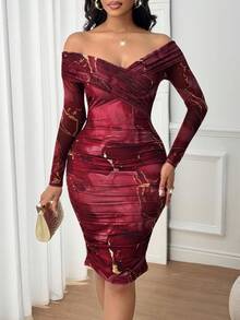 SHEIN Lady Marble Print Off Shoulder Wrap Dress - Burgundy - View 4