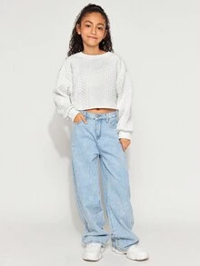 Radiana Tween 女童休闲运动百搭白色纹理圆领宽松短款套头运动衫 - 白色 - 查看 6