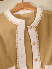 Lyxana Women's Versatile Colorblock Long Sleeve Knitted Cardigan, Autumn/Winter - Khaki - View 3