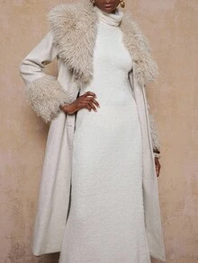 Lumalex VITNOS Fall/Winter Winter Women's Faux Fur Collar Elegant High-End Wool Blend Coat With Waist Belt Winter Outfit Glamorous Everyday Wear Special Occasion, Parties, Going Out, Teacher's Outfit, Business Casual, Luxury Coats For Women, Fall Clothes For Women, New Year Outfits, Holiday Look