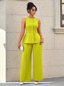 SOLERSUN 2pcs/Set Minimalist Solid Color Sleeveless Top And Wide Leg Pants Suit, Commuting - Green - View 1
