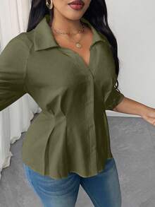 SHEIN Clasi Blusa elegante de talla grande con cuello y cintura fruncida de unicolor - Verde - Ver 3