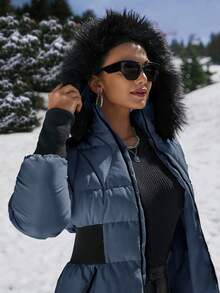 EURMUSE Padded Coat With Furry Hood And Adjustable Waist, Two Side Pockets, Thick And Fashionable Puffer Jacket, Quilting Details - Blue - View 3