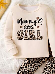 SHEIN 1set Baby Girls' English Print & Leopard Pattern Snug Fit Pajama Set, Long Sleeve Top And Pants, Spring/Autumn Mommy And Me Clothes Set Leopard Print Pajamas Toddler Girl Pajamas Leopard Print Toddler Clothes Snug Fit Tight Fit Pajamas Fall Winter - Apricot - View 4