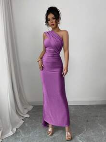 Elenzga 女士新款杏色优雅欧式高端宴会不对称裹肩性感褶皱腰修身长裙，后背高开叉闪亮针织弹力，舒适适合约会、派对、情人节 - 紫羅蘭色 - 查看 3