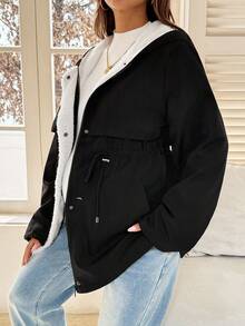 SHEIN 孕妇休闲抽绳腰带连帽夹克，带保暖衬里，秋冬 - 黑色 - 查看 6