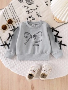 SHEIN Áo nỉ dài tay in nơ màu xám thường ngày cho bé gái, dễ thương và thời trang cho mùa thu - Xám - Xem 3