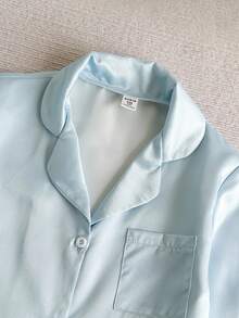 SHEIN 2 件女童纯蓝色休闲简约长袖上衣和裤子套装，舒适家居服 - 藍色 - 查看 6