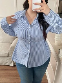 Modelyn Plus Size Casual Commuter Striped Waist Shirt - Blue - View 1