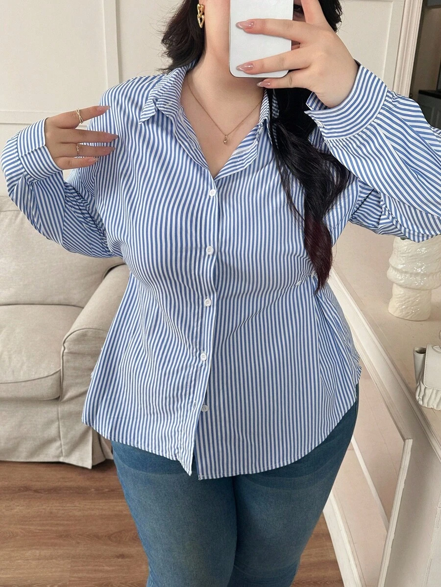 Modelyn Plus Size Casual Commuter Striped Waist Shirt - Blue - View 1