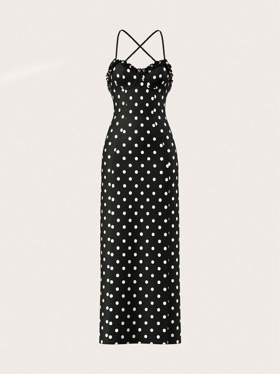 SHEIN Tall Vestido elegante y sexy de verano con estampado de lunares y espalda descubierta