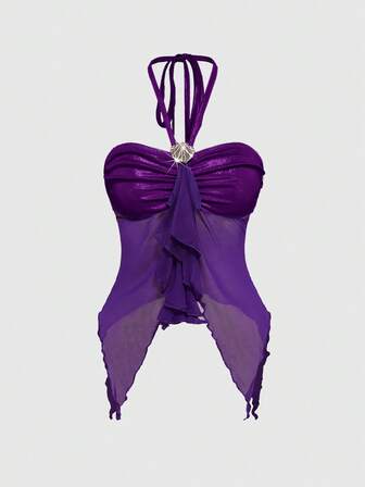 Fairycore Camiseta de tirantes con decoración de conchas y bajo asimétrico para mujer