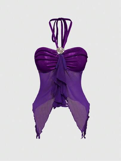 Fairycore Camiseta de tirantes con decoración de conchas y bajo asimétrico para mujer