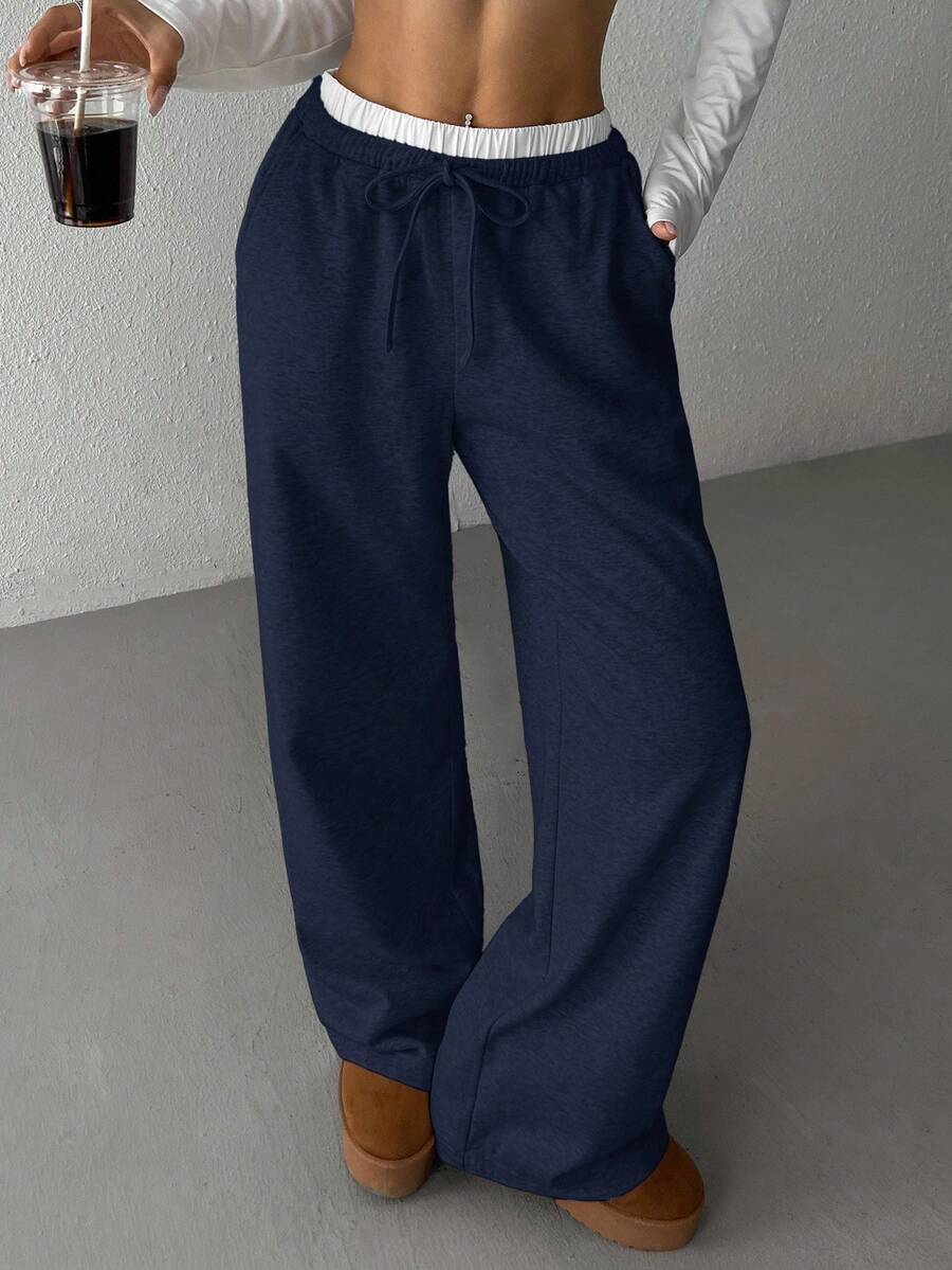 SHEIN EZwear 女款海军蓝拼接腰带休闲阔腿裤 - 藏蓝色 - 查看 1