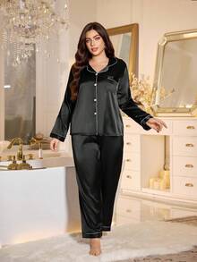 LuxeNights Plus Contrast Piping Satin PJ Set / Pajama Set, Fall Winter Clothes Cozy And Elegant Details