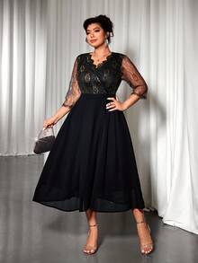 Cravure Plus Size Shallow Gold Lace Collar Floral Chiffon Patchwork Dress