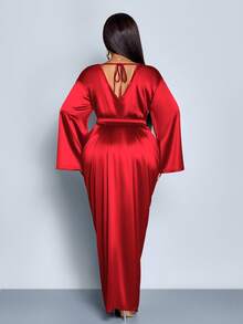 SOLERSUN Christmas Plus Size Spring And Autumn New Style Bright Surface Fabric V-Neck Pleated Waist Long Sleeve Slit Tie Bow Long Dress Elegant Office Birthday Party Ball Sexy Playful Cocktail Wedding Season Concert Dress Fashion Women's Clothing