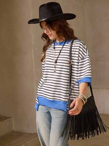 Wildy 休闲美式乡村风蓝色条纹宽松中袖卫衣，蓝白条纹上衣，女士半袖上衣，学院风条纹上衣，蓝白条纹上衣，女士西部牛仔风上衣，乡村教师风上衣，适合秋冬季外出穿着 - 藍色 - 查看 4