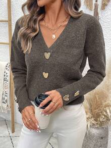 EMERY ROSE Women's V-Neck Batwing Long Sleeve Casual Sweater With Metal Decor, Autumn/Winter - Coffee Brown - View 4