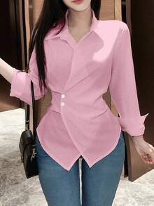 SHEIN LUNE 女士纯色不对称下摆交叉裹身优雅长袖女式衬衫 - 粉色 - 查看 3