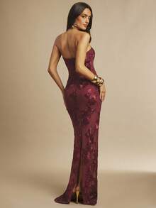 Silquee 3D 花卉性感紧身吊带连衣裙 - 酒紅色 - 查看 2