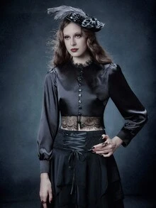 Glisette Women's Black Backless Bowknot Strap Elegant Casual Button Lace Patchwork Sexy Short Black Long Sleeve Satin Blouse - Black - View 6