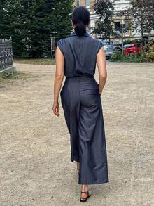 Vivie Lora 女式复古口袋简约牛仔背心和裤子两件套 - 深色水洗藍 - 查看 4