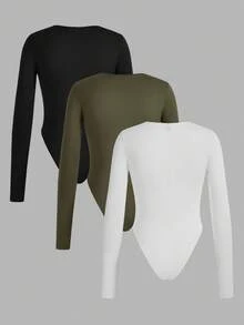 SHEIN EZwear Bộ 3 áo liền quần màu trơn thoải mái thường ngày dành cho nữ, thích hợp cho mùa xuân và mùa thu - Nhiều màu - Xem 2