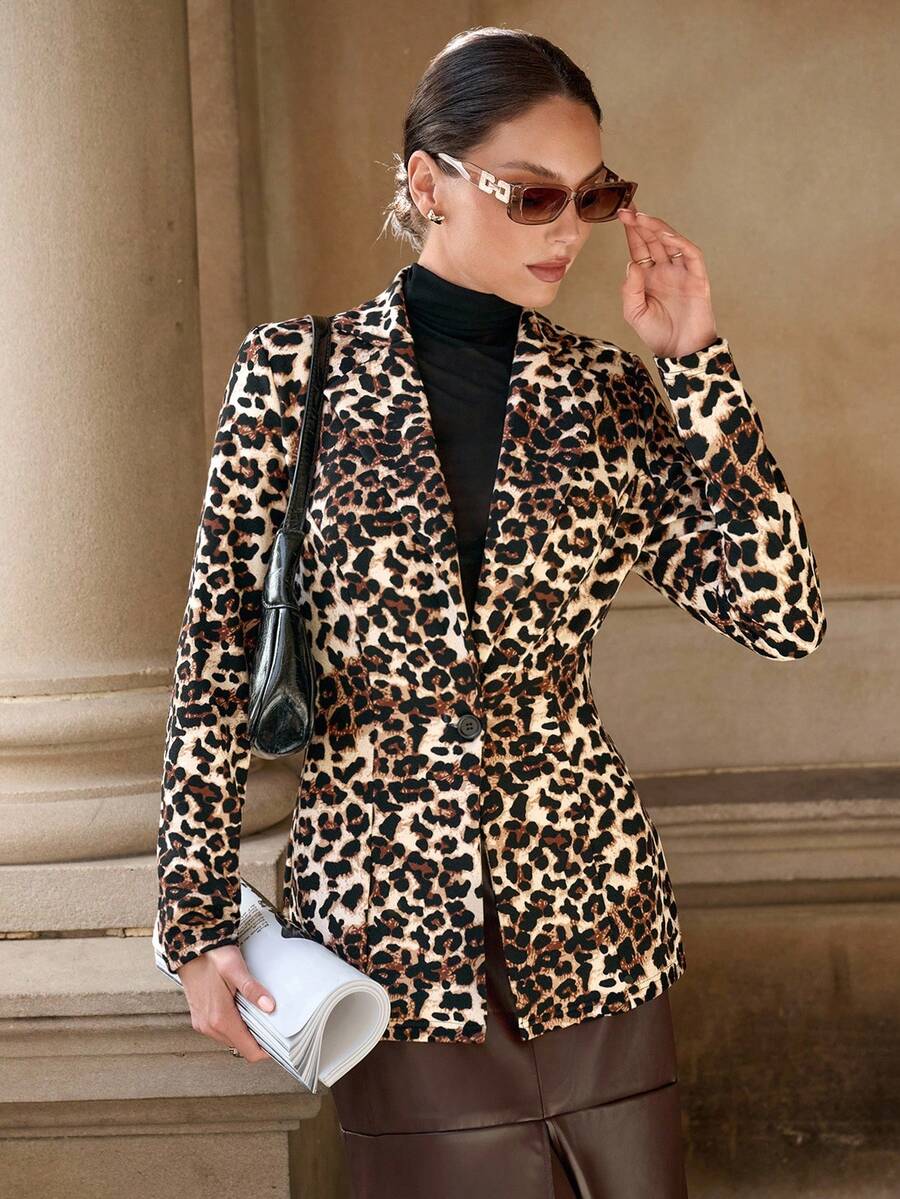 Lavishia Áo blazer nữ tay dài ôm dáng, chất liệu dệt kim co giãn, thoải mái, họa tiết da báo, thích hợp cho đi làm hàng ngày vào đầu thu và đi mua sắm vào mùa thu. - Nhiều màu - Xem 1