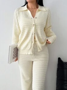 Modelyn 女士优雅时尚落肩长袖针织开衫和针织裤两件套 - 杏色 - 查看 7