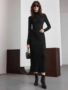 Ontre 2025 休闲时尚，黑色，修身直筒廓形，波尔卡圆点，女式半身裙，网眼面料，修身，商务休闲，办公室通勤，日常穿着，秋冬 - 黑色 - 查看 3