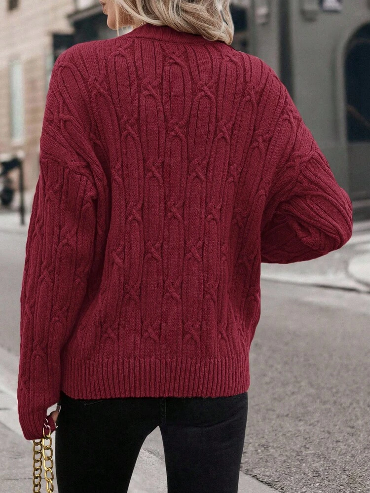 Plus Size Casual Loose-Fitting V-Neck Sweater With Twisted Knit For Warmth,Burgundy,Autumn,Smart Casual,Suitable For Winter,Vacation,Parties,Home Wear