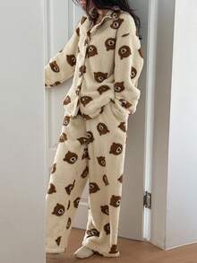 DAZY Women's Bear Pattern Plush Loose Pajama Set, Winter, Fall Clothes Thermal Lined, Fluffy, Cozy - Apricot - View 9