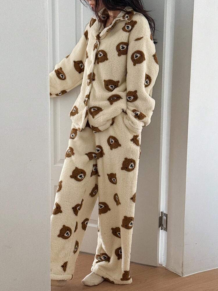 Women's Bear Pattern Plush Loose Pajama Set, Winter, Fall Clothes Thermal Lined, Fluffy, Cozy