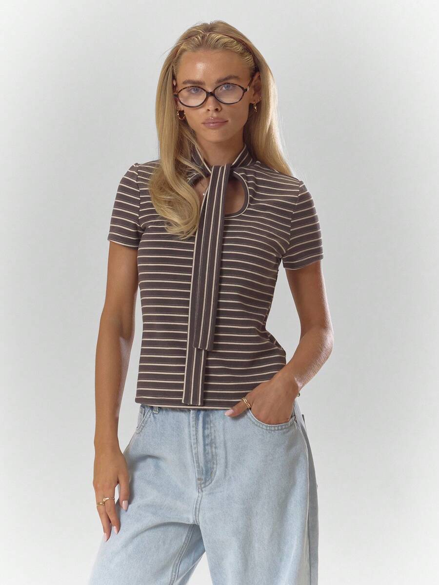 MUSERA Striped Neck Tie Detail Fitted Short Sleeve Top Fall Autumn Cosy Cute Casual Coffee Club Winter  ,Elegant  Holidays, Party - Multicolor - View 1