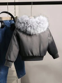 年轻女孩冬季休闲时尚街头拼接蓬松拉链前连帽保暖内衬夹克 - 灰色 - 查看 2