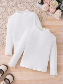 SHEIN 2件套青少年女孩休闲基础款纯色针织弹力长袖汗衫，多件套，非常适合秋冬季休闲日常穿着和上学日常穿着，必备百搭，母女搭配，女孩心形衬衫。女孩长袖衬衫，白色，适合圣诞节。 - 白色 - 查看 4
