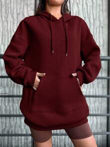 EURMUSE Sudadera con capucha térmica de algodón con bolsillo, hombros caídos y cordón ajustable - Burdeos - Ver 6