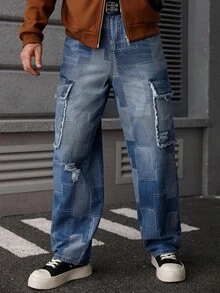 Manfinity Roughcore Men's Personalized Street Retro Loose Blue Mosaic Plaid Raw Edge Patch Large Pocket Jeans, Suitable For Parties And Work, Emo Style - Blue - View 6