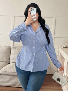 Modelyn Plus Size Casual Commuter Striped Waist Shirt - Blue - View 4